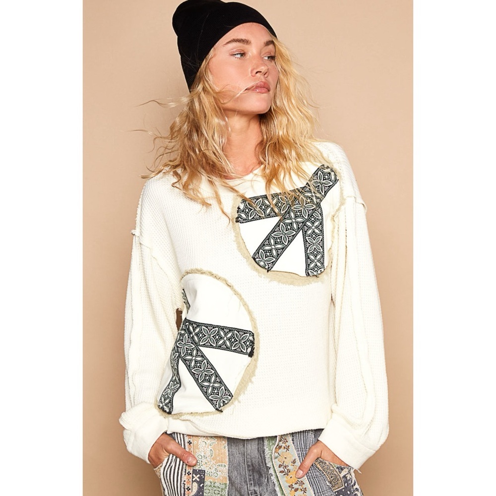 POL Cream Waffle Knit Pullover | Vintage Wash Peace Patch Long Sleeve Top - Picture 5 of 9